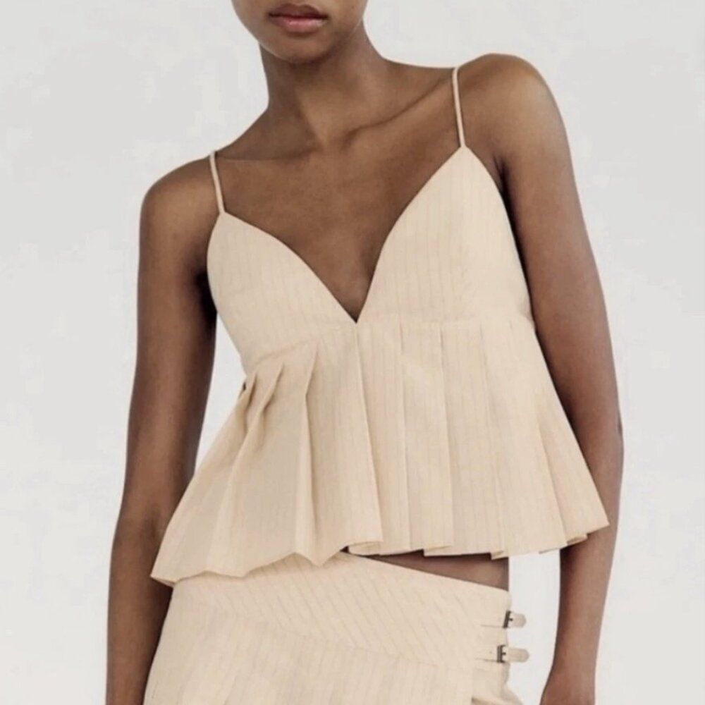 Zara‎ Pleated Spaghetti Strap Crop Top Beige - 100% cotton - Size L - NWT✨